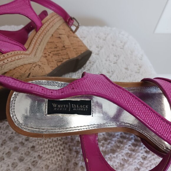 White House Black Market Fuchsia Pink Cork Wedge Sandals Size 8 - Picture 4 of 10
